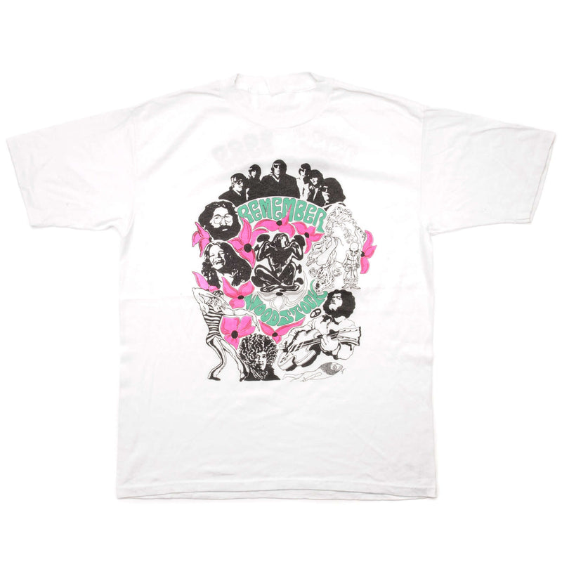 Vintage Remember Woodstock Festival Tee Shirt 1989 Size Large With Single Stitch Sleeves.  Lineup : Joan Baez, Arlo Guthrie, Tim Hardin, Richie Havens, Incredible String Band, Ravi Shankar, Sly & The Family Stone, Bert Sommer, Sweetwater, Canned Heat, Creedence Clearwater, Grateful Dead, Keef Hartley, Janis Joplin, Jefferson Airplane, Mountain, Quill, Santana, The Who, The Band, Jeff Beck Group, Blood Sweat & Tears, Joe Cocker, Crosby Stills & Nash, Jimi Hendrix, Iron Butterfly, Ten Years After, Johnny Wint