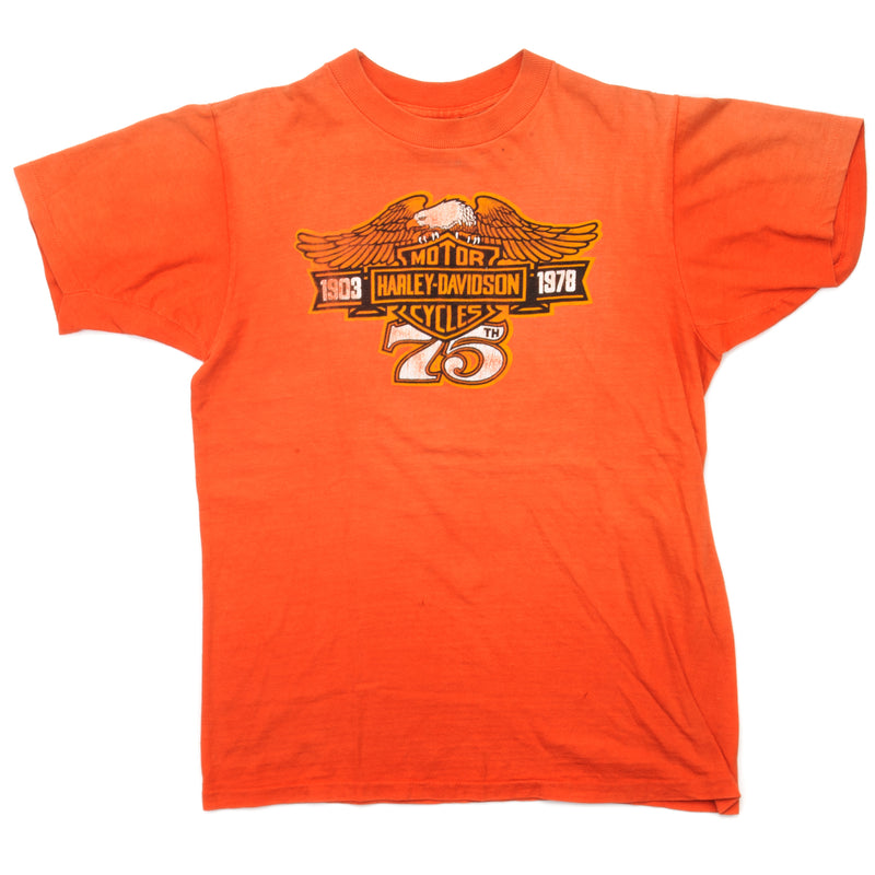 Vintage Harley Davidson 75th Anniversary Tee Shirt 1978 Size Medium Made In USA With Single Stitch Sleeves. orange