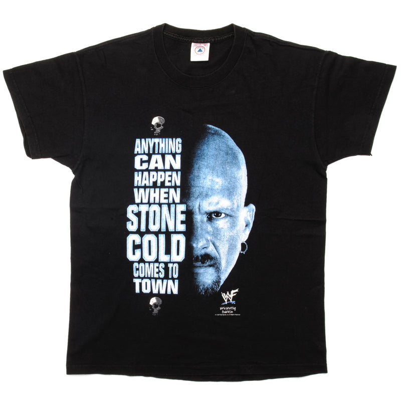 Vintage World Wrestling Federation Anything Can Happen When Stone Cold Come To Town Tee Shirt 1998 Size Medium Made In USA. BLACK