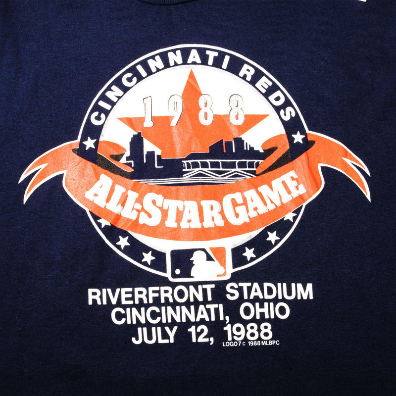 Vintage MLB Cincinnati Reds All Star Games Riverfront Stadium Tee Shirt 1988 Size Medium Made In USA With Single Stitch Sleeves.
