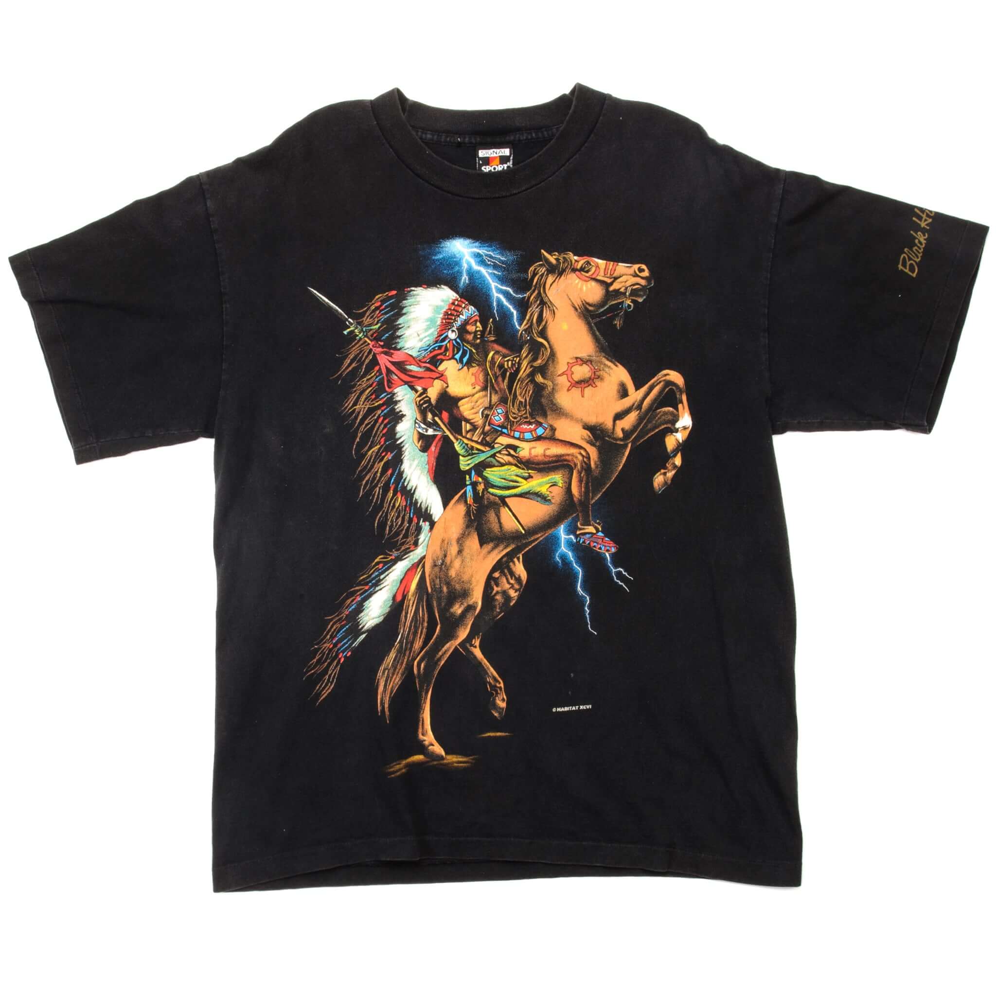 Vintage American Indian On An Horse Tee Shirt Size Large Made In USA With Single Stitch Sleeves. BLACK