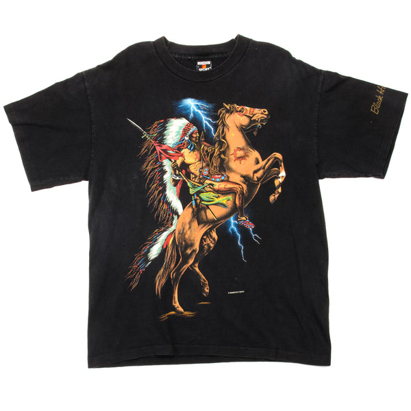 Vintage American Indian On An Horse Tee Shirt Size Large Made In USA With Single Stitch Sleeves. BLACK