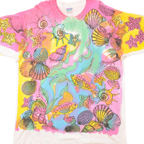 VINTAGE ALL OVER PRINT FISH AND CRUSTACEAN TEE SHIRT 90s SIZE XL MADE IN USA