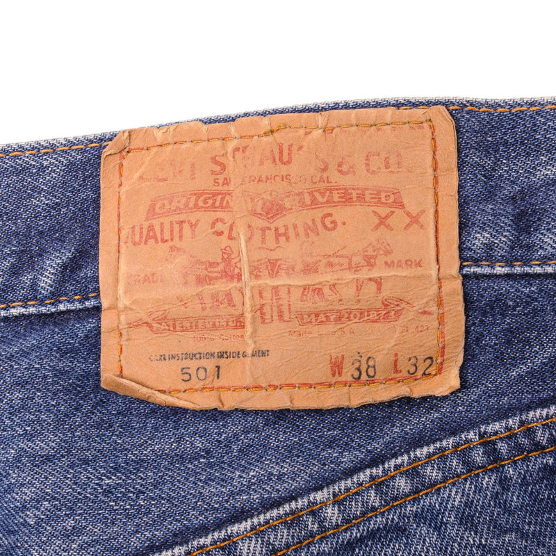 Beautiful Indigo Levis 501 Jeans before mid 1980's with Selvedge Made in USA with a medium blue wash, a nice contrast of light and medium blue and some beautiful strong Whiskers.  Size on Tag 38X32  ACTUAL SIZE 35X28  Back Button #9