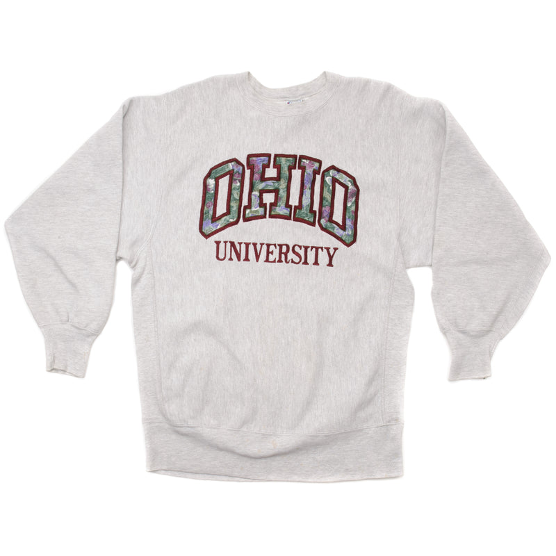 Vintage Champion Reverse Weave Ohio University Sweatshirt 1990S Size Large Made In USA. GREY