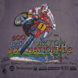 Vintage Motocross Supercross Axton National 1987 David Bailey Skimmers Tee Shirt 1987 Size Medium Made In USA With Single Stitch Sleeves.