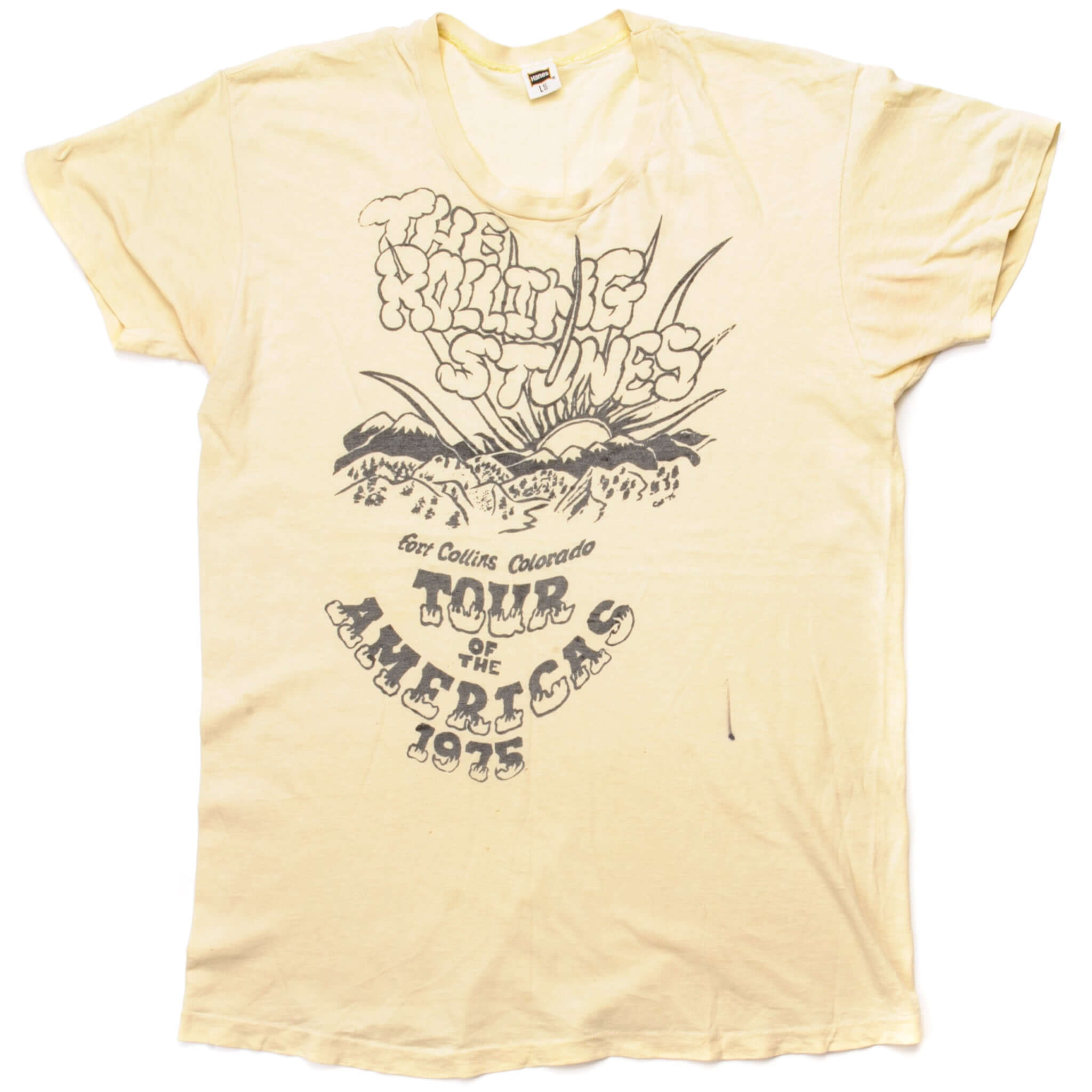 Vintage The Rolling Stones Tour Of The Americas Fort Collins, Colorado Tee Shirt 1975 Size Made In USA With Single Stitch Pocket. Yellow