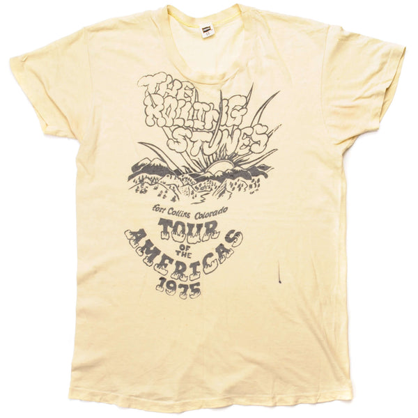 Vintage The Rolling Stones Tour Of The Americas Fort Collins, Colorado Tee Shirt 1975 Size Made In USA With Single Stitch Pocket. Yellow