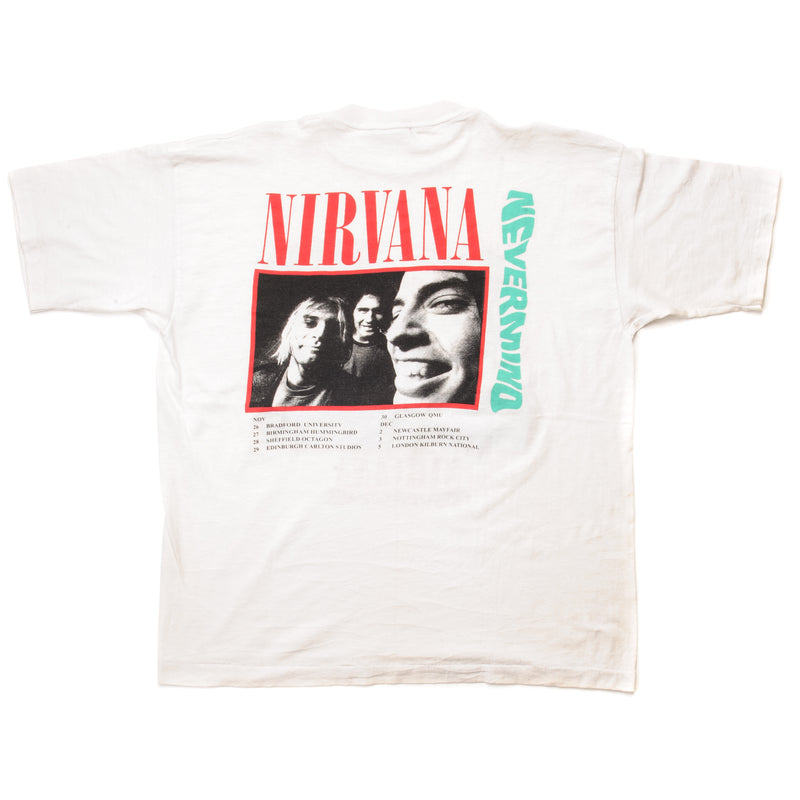 Vintage Nirvana Nevermind European Tour Tee Shirt 1990s Size Large Made In USA With Single Stitch Sleeves. WHITE