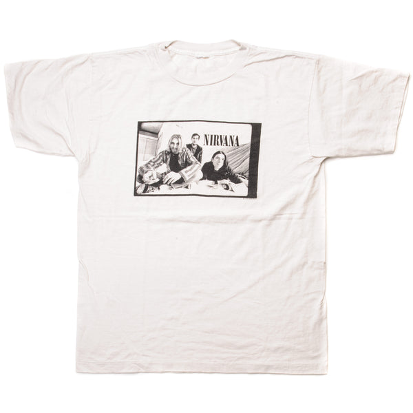 Vintage Nirvana With Kurt Cobain Tee Shirt 1996 Size Large with single stitch sleeves. white