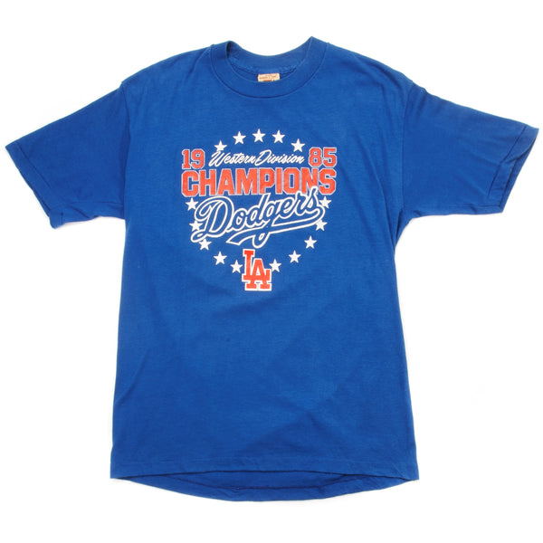 Vintage MLB Los Angeles Dodgers Western Division Champion Tee Shirt 1985 Size Small Made In USA with single stitch sleeves. Blue