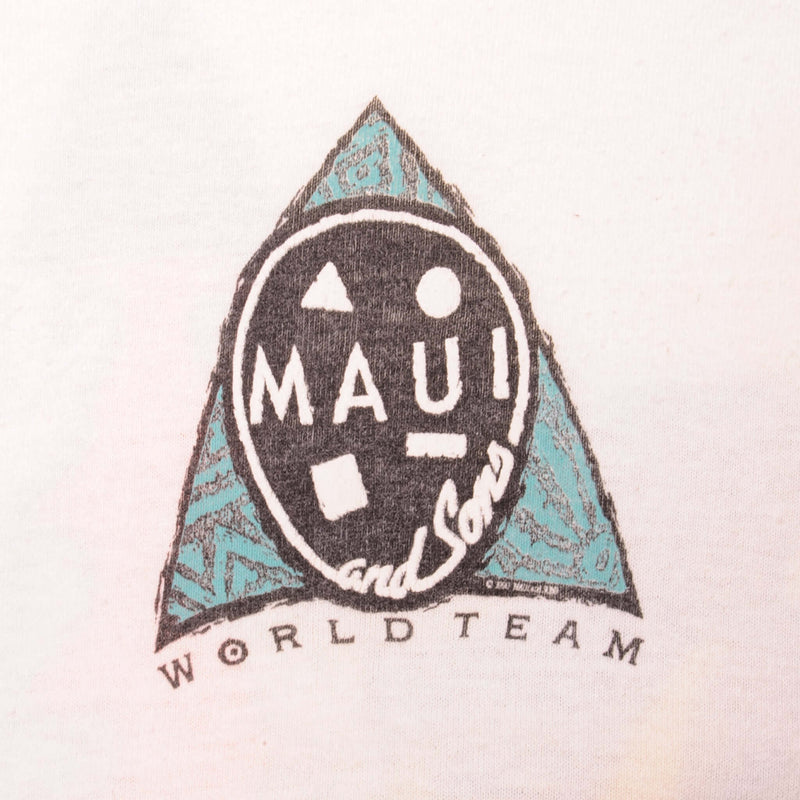 CAMISETA DE SURF VINTAGE DEL EQUIPO MUNDIAL DE MAUI AND SONS, TALLA XL, 1990, FABRICADA EN EE. UU.