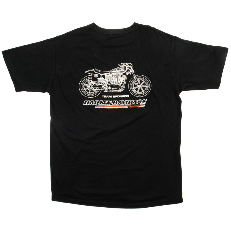 Vintage Harley Davidson Racing Team Sponsor Tee Shirt Size Large Made In USA With Single Stitch Sleeves. BLACK