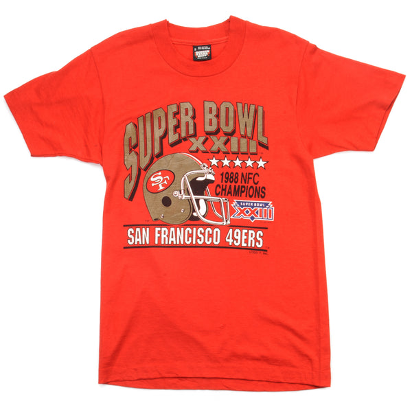 Vintage NFL San Francisco 49ERS XXIII Super Bowl Tee Shirt 1988 Size XS Made In USA with single stitch sleeves. Red
