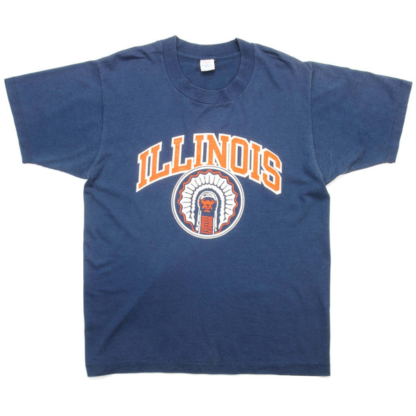 Vintage Champion Illinois University Tee Shirt Size Medium Early 1980S-1990 Made In USA With Single Stitch Sleeves. BLUE