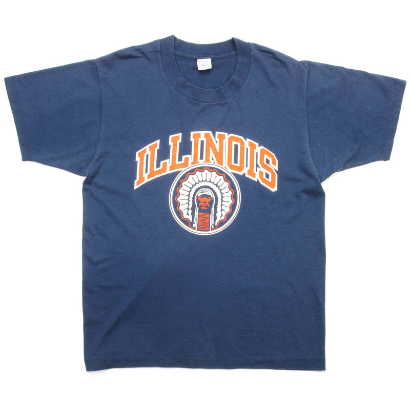 Vintage Champion Illinois University Tee Shirt Size Medium Early 1980S-1990 Made In USA With Single Stitch Sleeves. BLUE