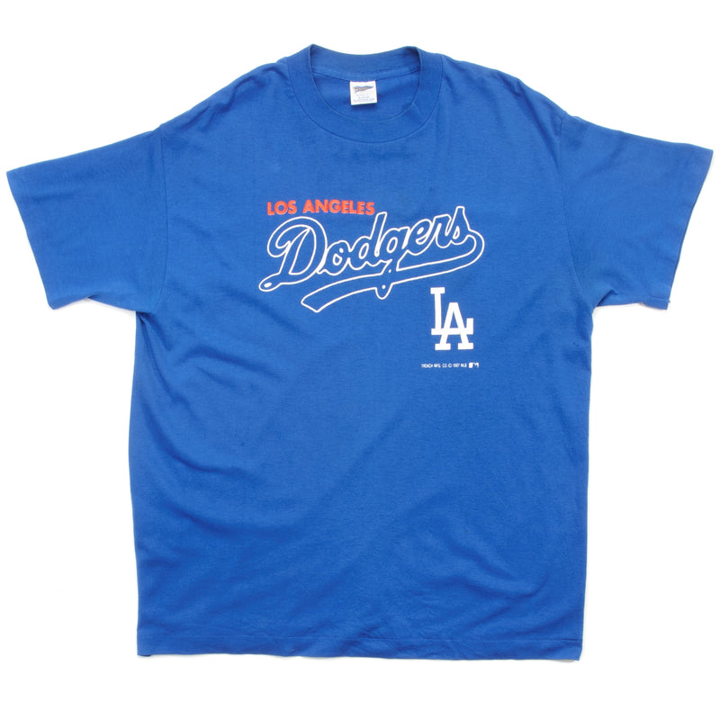 Vintage MLB Los Angeles Dodgers Tee Shirt 1987 Size Large Made In USA With Single Stitch Sleeves. Blue