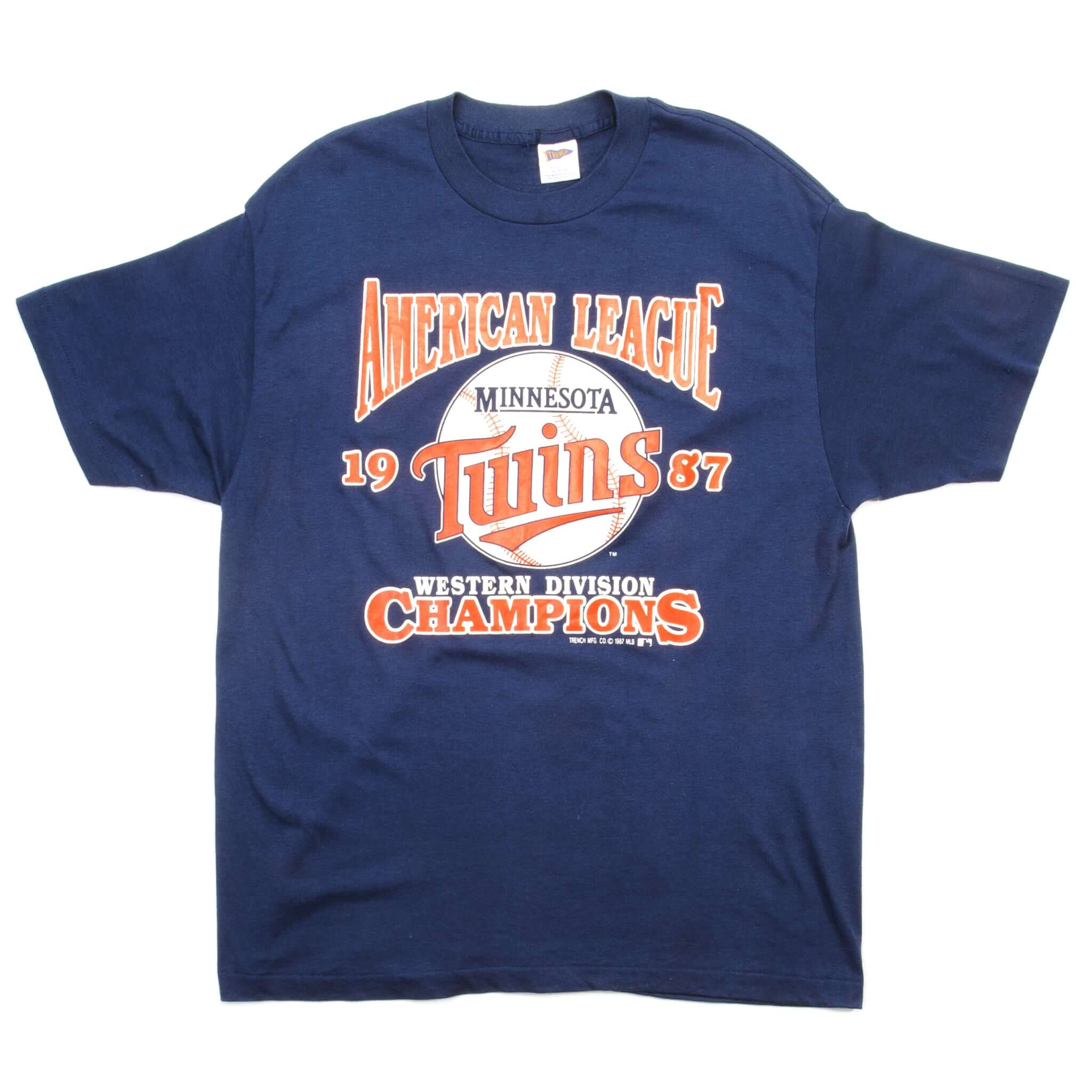 Vintage MLB Minnesota Twins Western Division Champions Tee Shirt 1987 Size Large Made In USA. blue