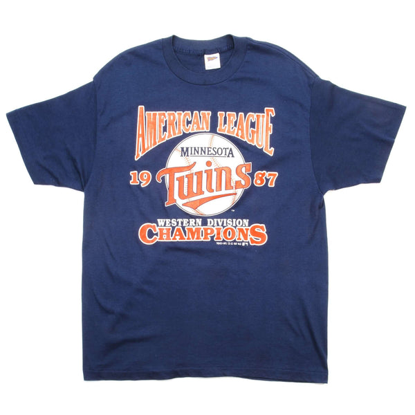 Vintage MLB Minnesota Twins Western Division Champions Tee Shirt 1987 Size Large Made In USA. blue