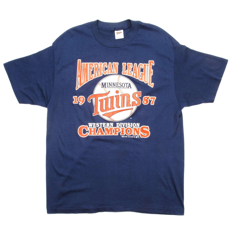Vintage MLB Minnesota Twins Western Division Champions Tee Shirt 1987 Size Large Made In USA. blue