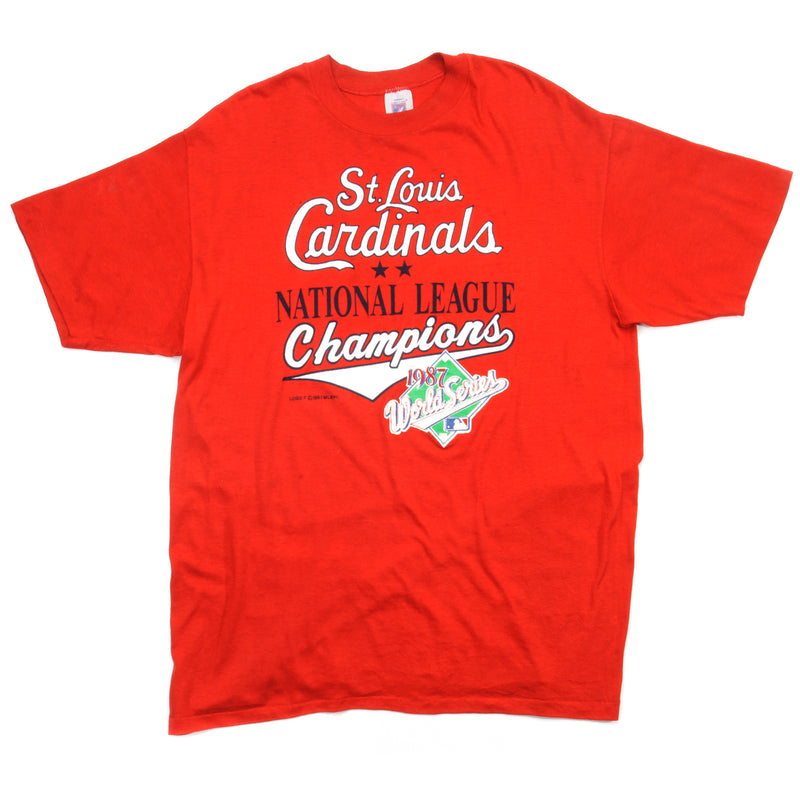 Vintage MLB St. Louis Cardinals National League Champions 1987 World Series Tee Shirt Size Medium Made In USA With Single Stitch Sleeves. RED
