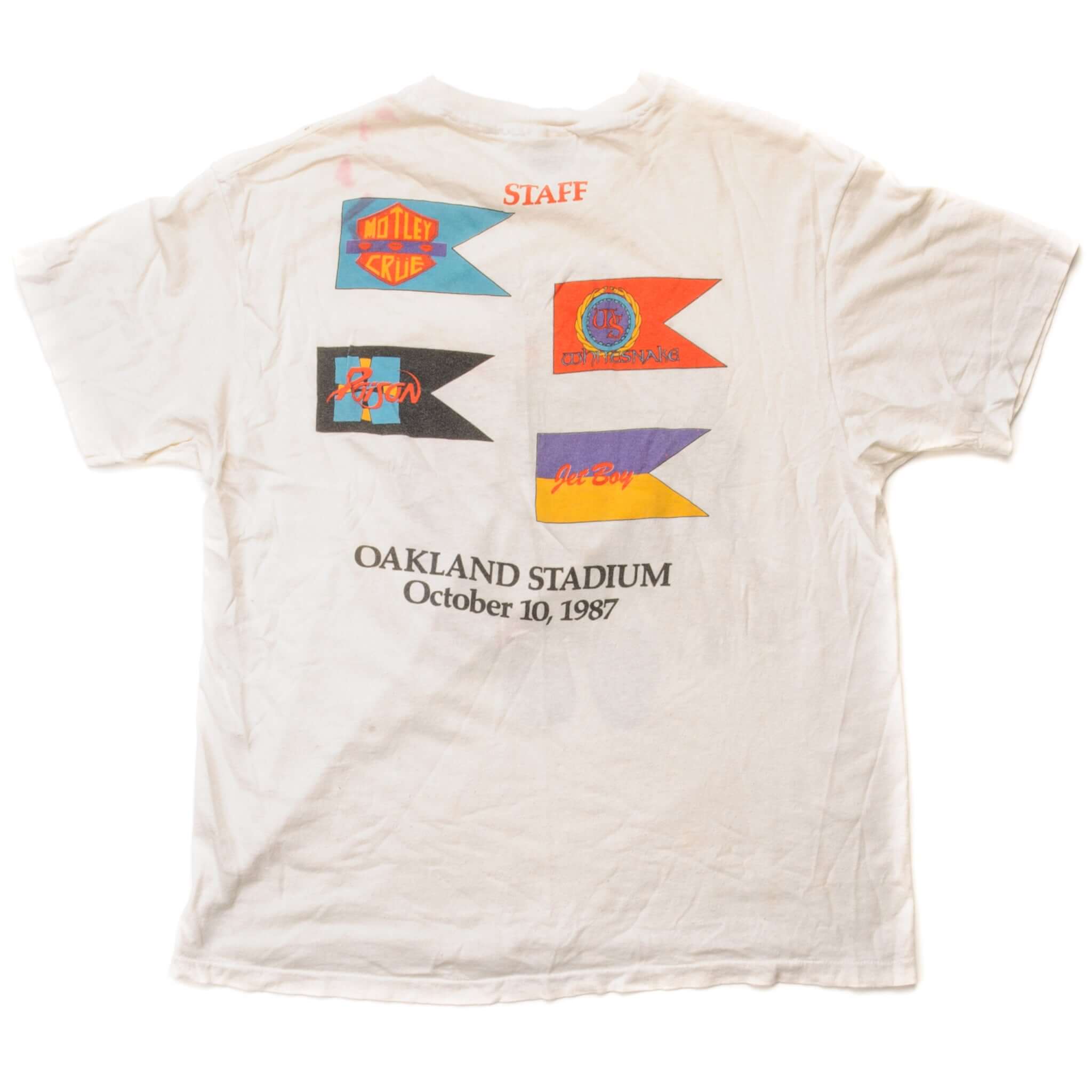 Vintage Day On The Green Festival By Robert Graham With Motley Crue, Poison, Whitesnake And Jet Boy Tee Shirt 1987 Size Large Made In USA With Single Stitch Sleeves. white