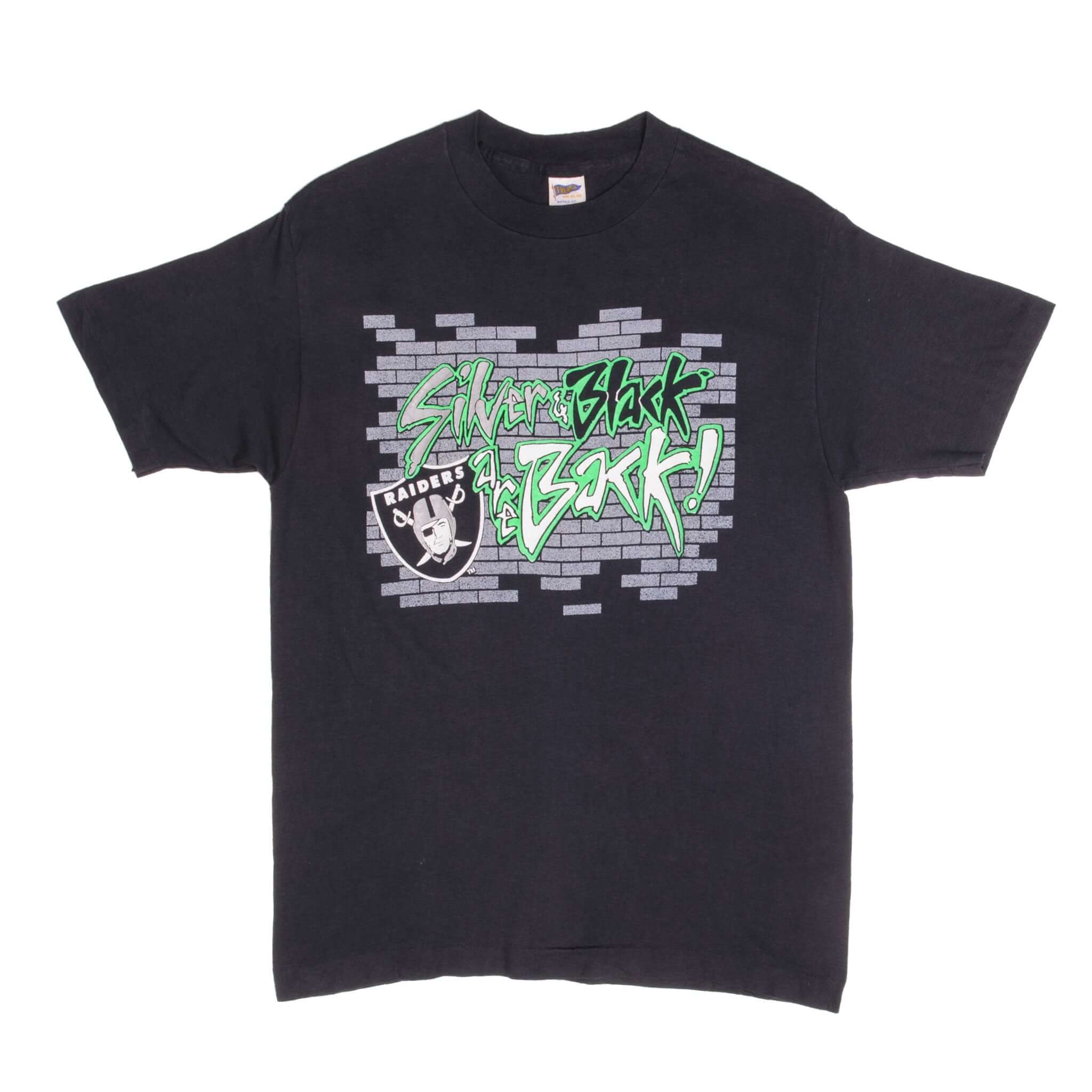 Vintage NFL Los Angeles Raiders Silver And Black Are Back Tee Shirt 1990s Size Medium Made In USA With Single Stitch Sleeves