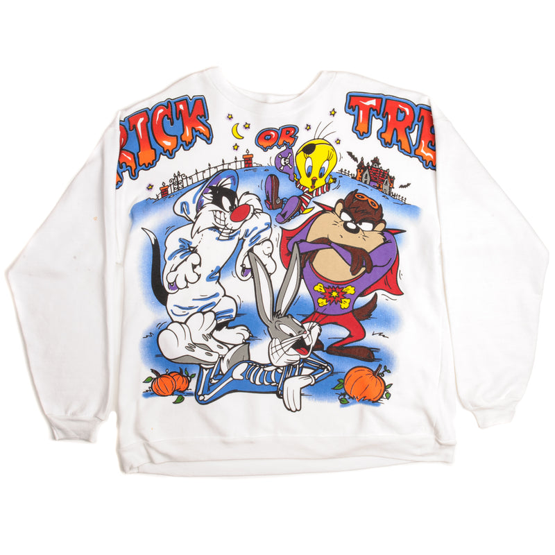 Vintage Looney Tunes Trick Or Treat With Bugs Bunny, Tweety, Taz And Sylvester Sweatshirt Size 2XL Made In USA. WHITE