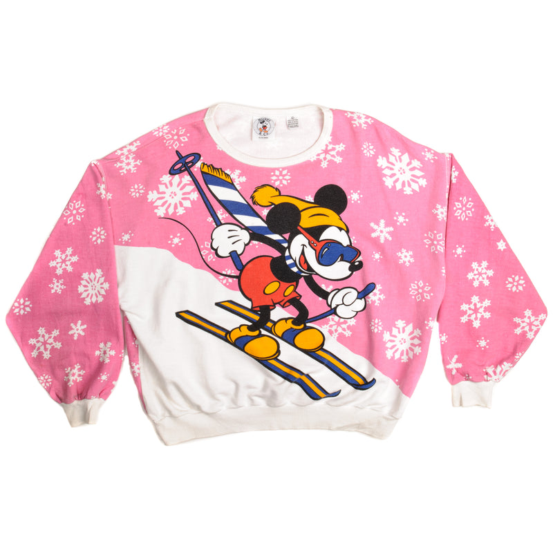 Vintage Disney Mickey Mouse Skiing Sweatshirt Size Large. Pink