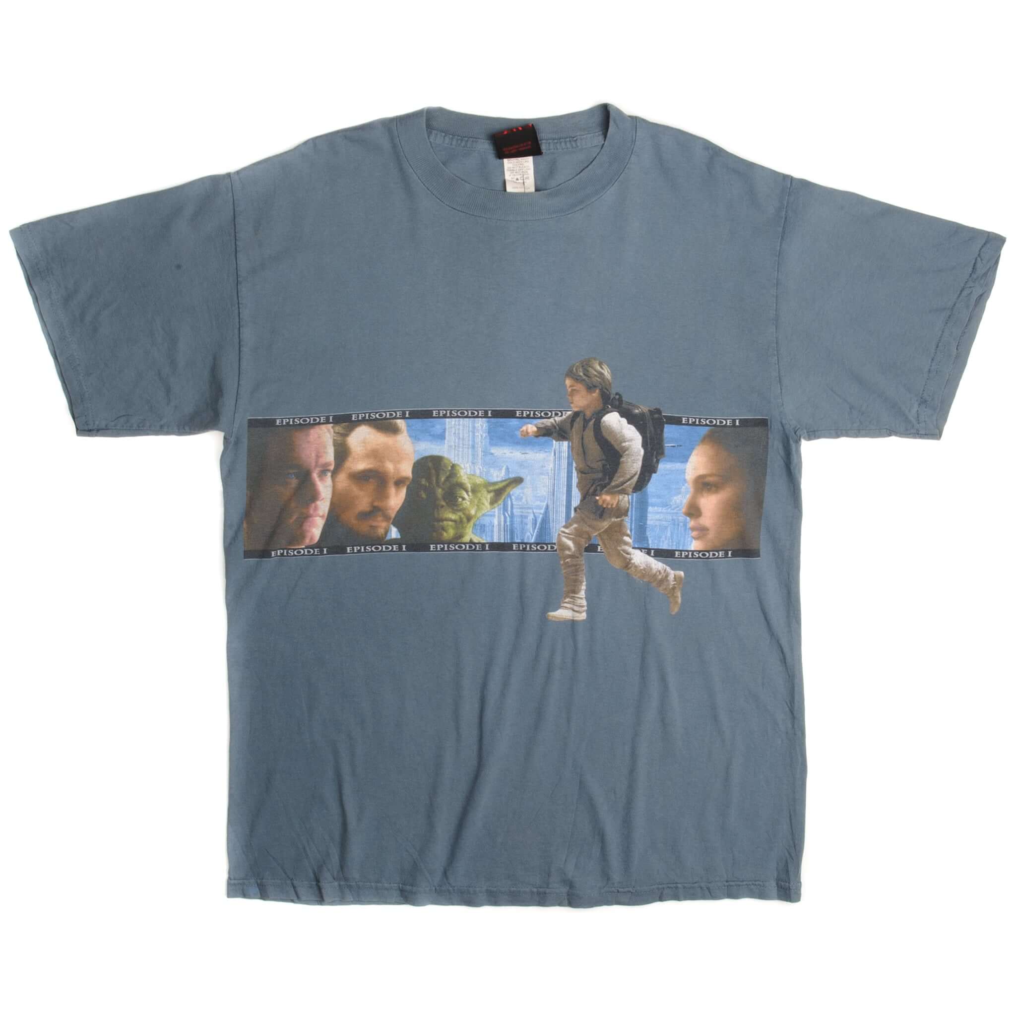 Vintage Star Wars Episode 1  The Phantom Menace Tee Shirt Size Large.  With (left to right) Obi-Wan Kenobi, Qui-Gon Jinn, Yoda, Anakin Skywalker and Padmé Amidala. Blue 