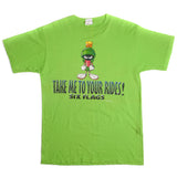 Vintage Six Flags Looney Tunes Marvin The Martians Tee Shirt 1997 Size Medium Made In USA.  Take me to your rides ! green