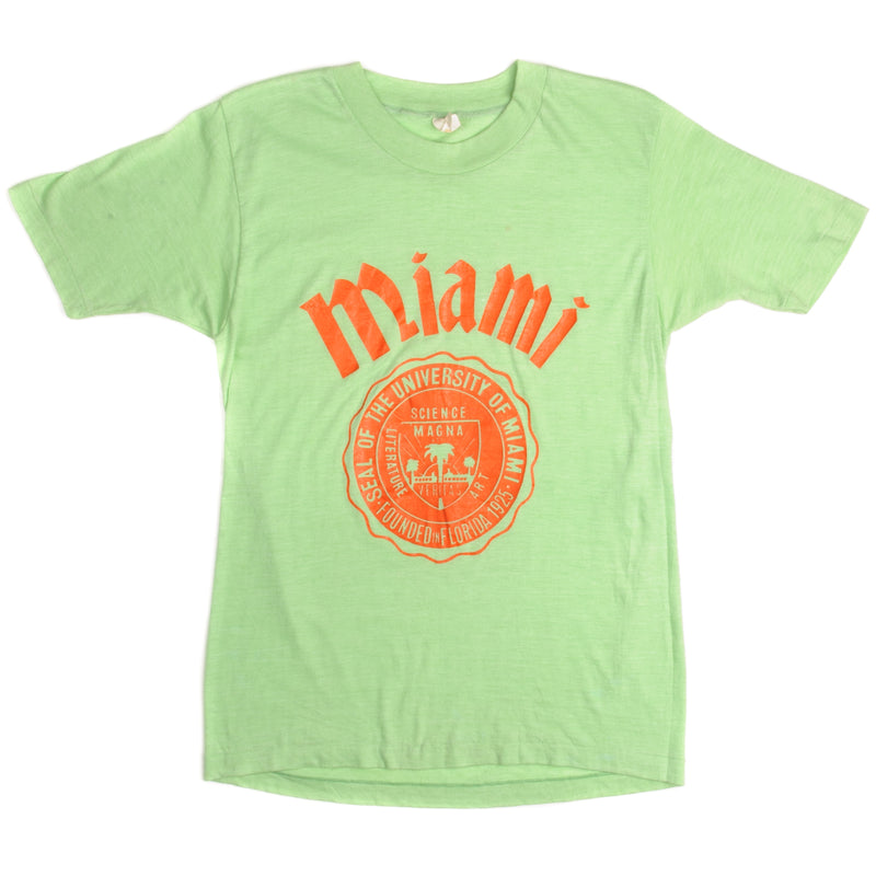 Vintage University Of Miami Tee Shirt Size Small Made In USA With Single Stitch Sleeves.  Seal of the University of Miami  Literature, Science, Art Magna Veritas  Founded in Florida 1925 GREEN