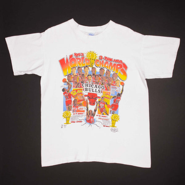 Vintage White NBA Chicago Bulls 1993 3 Times Champions Tee Shirt Size Medium With Single Stitch Sleeves. Made In USA.