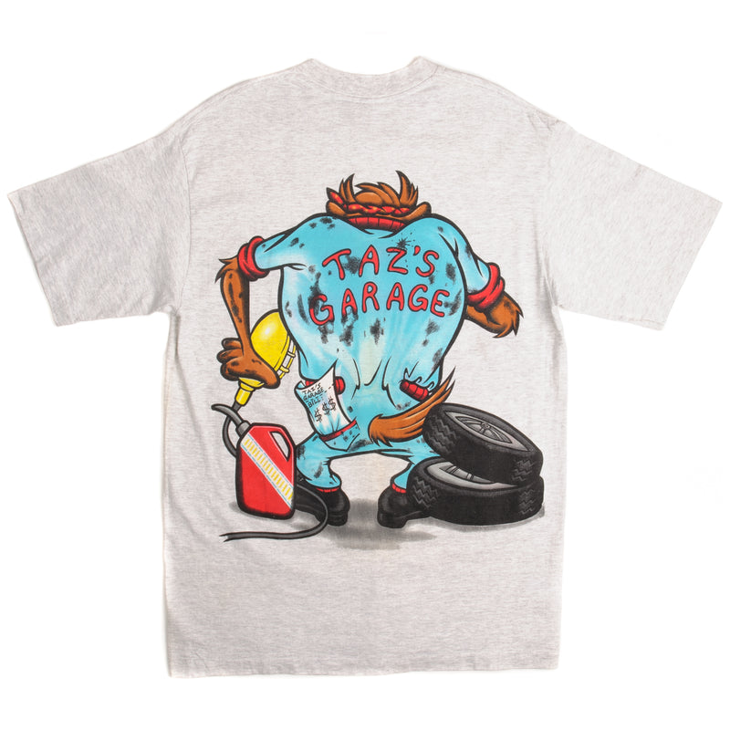 Vintage Looney Tunes Taz's Garage Tee Shirt 1994 Size Medium Made In USA With Single Stitch Sleeves. GREY