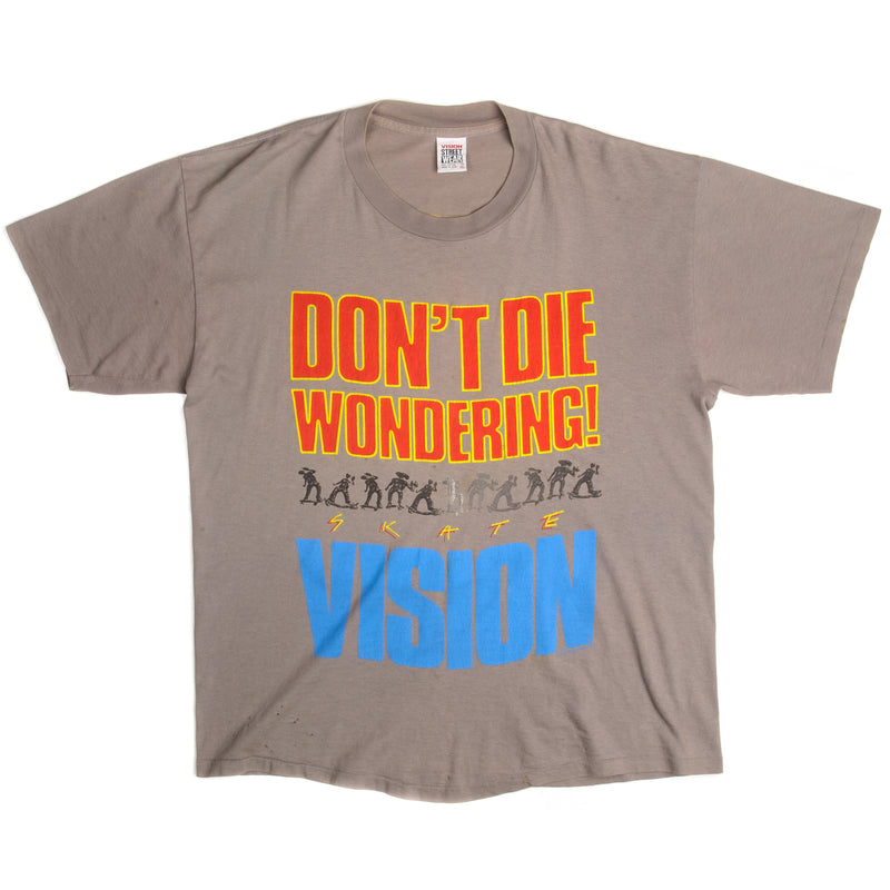 Vintage Vision Streetwear Don't Die Wondering ! Tee Shirt Size XL Made In USA With Single Stitch Sleeves. GREY