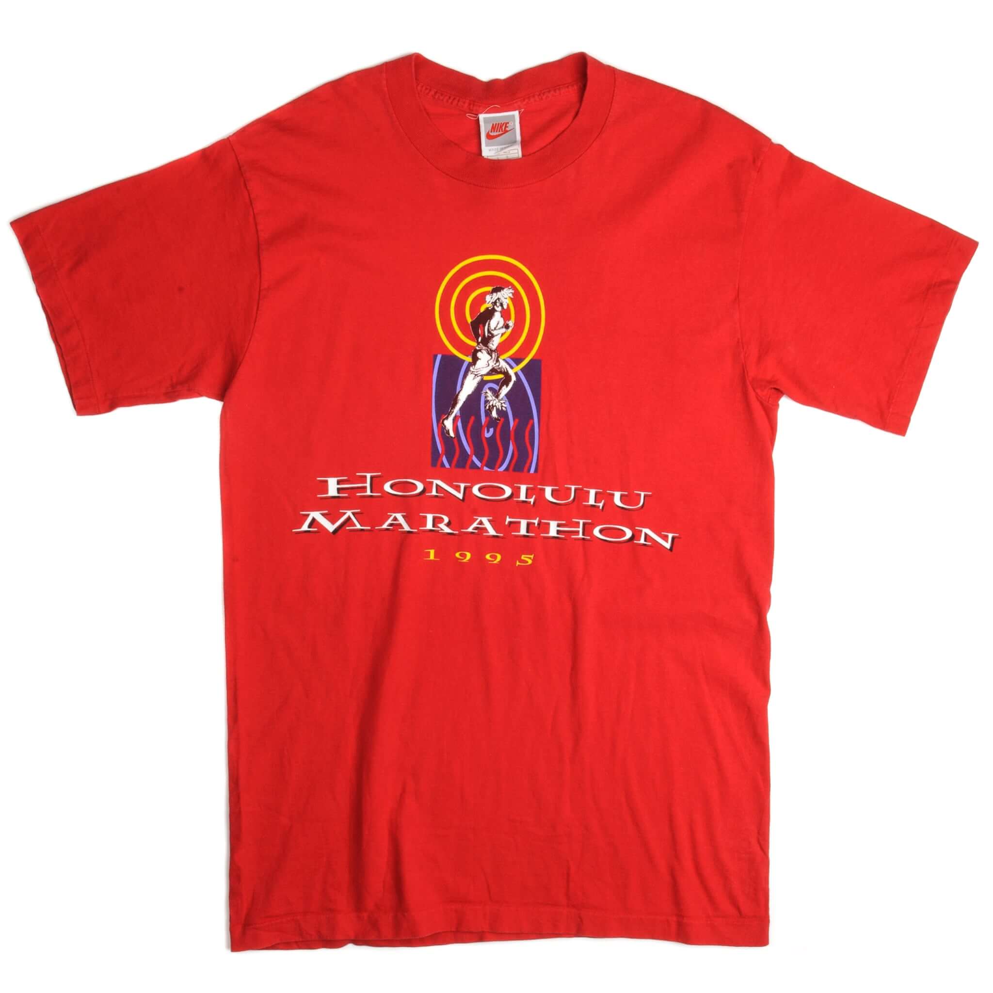 Vintage Nike Honolulu Marathon Tee Shirt 1995 Size Medium Made In USA with single stitch sleeves. Red