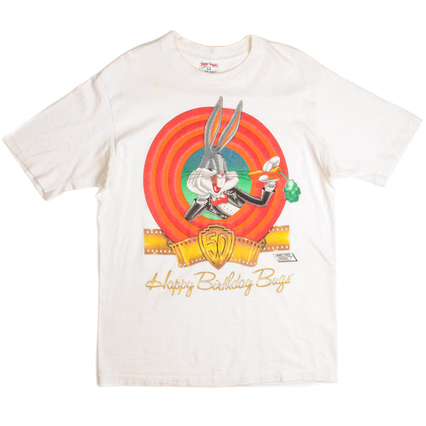 Vintage Looney Tunes Bugs Bunny Tee Shirt 1990 Size Medium Made In USA With Single Stitch Sleeves. WHITE