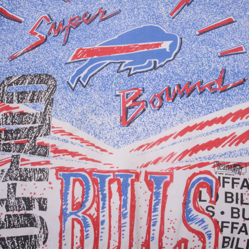 Vintage NFL All Over Print Buffalo Bills Magic Johnson T's Sweatshirt 1990S Size XL Made In Usa