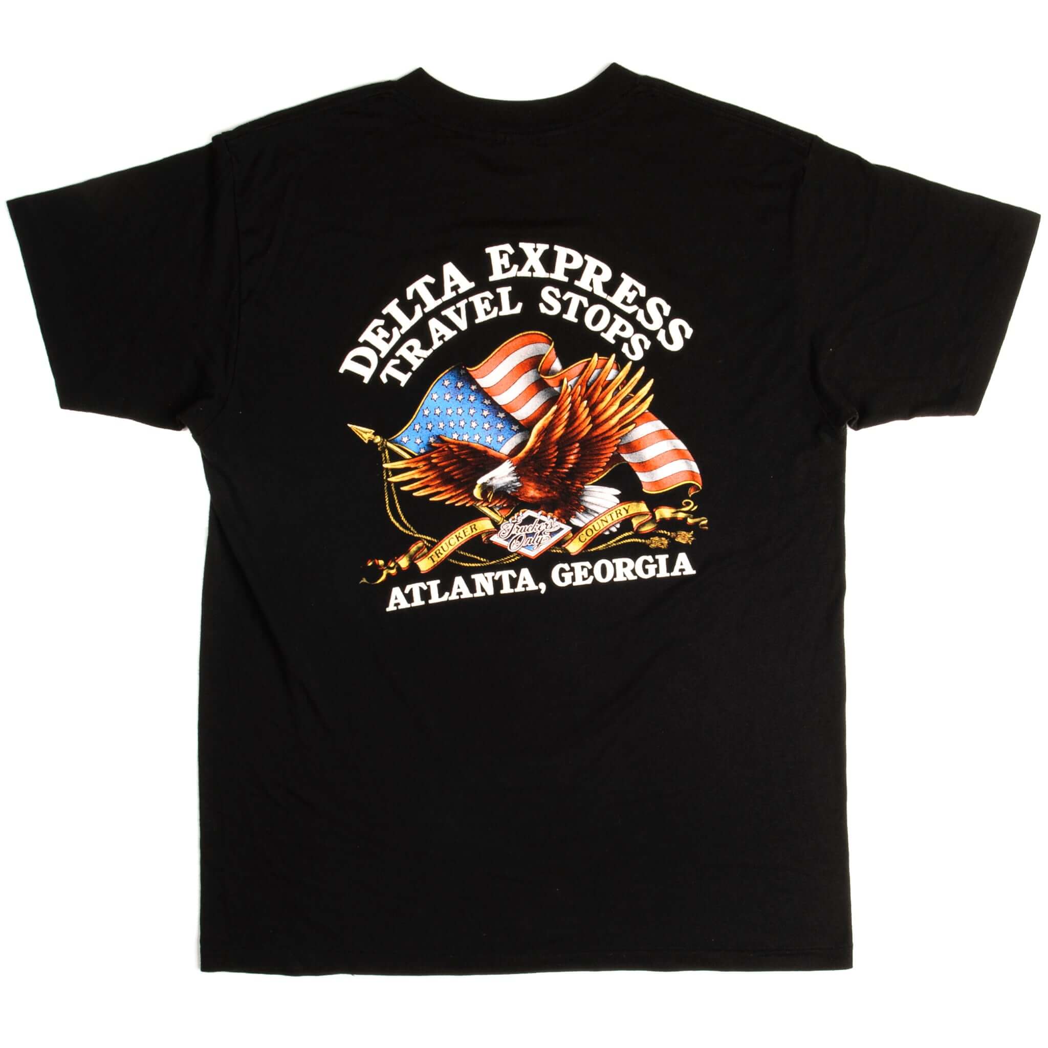 Vintage 3D Emblem Truckers Only Delta Express Travel Stops Tee Shirt 1988 Size Large Made In USA With Single Stitch Sleeves.