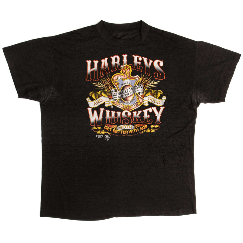 Vintage 3D Emblem Harley Davidson Harley And Good Whiskey Both Get Better With Age Tee Shirt 1988 Size XL Made In USA With Single Stitch Sleeves.