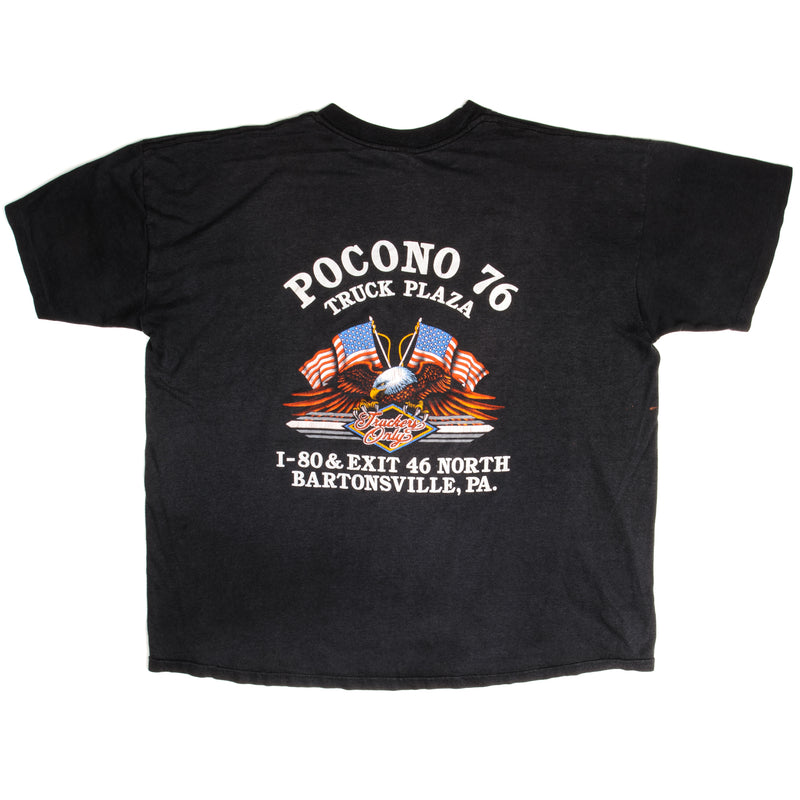 Vintage 3D Emblem Harley Davidson Pocono 76 Truck Plaza Tee Shirt 1987 Size XL Made In USA With Single Stitch Sleeves.