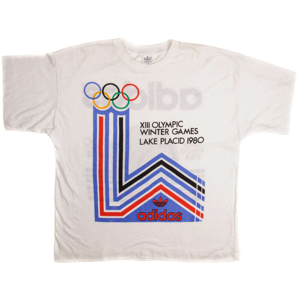 Vintage Adidas XIII Olympic Winter Games Lake Placid Tee Shirt 1980 Size Medium With Single Stitch Sleeves.