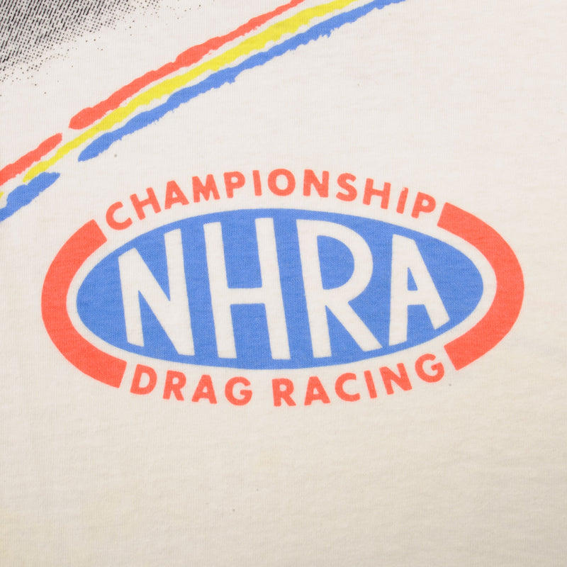 Vintage All Over Print Racing NHRA Championship Drag Racing 1990s Tee Shirt Size Medium With Single Stitch Sleeves, Made In USA