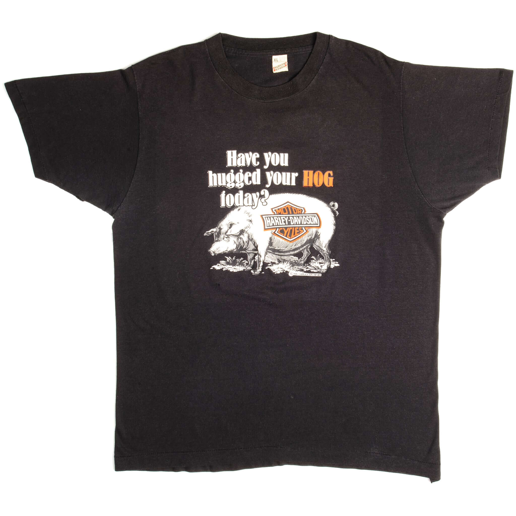 Vintage Harley Davidson Have You Hugged Your Hog Today Tee Shirt 1982 Size Large Made In USA With Single Stitch Sleeves.