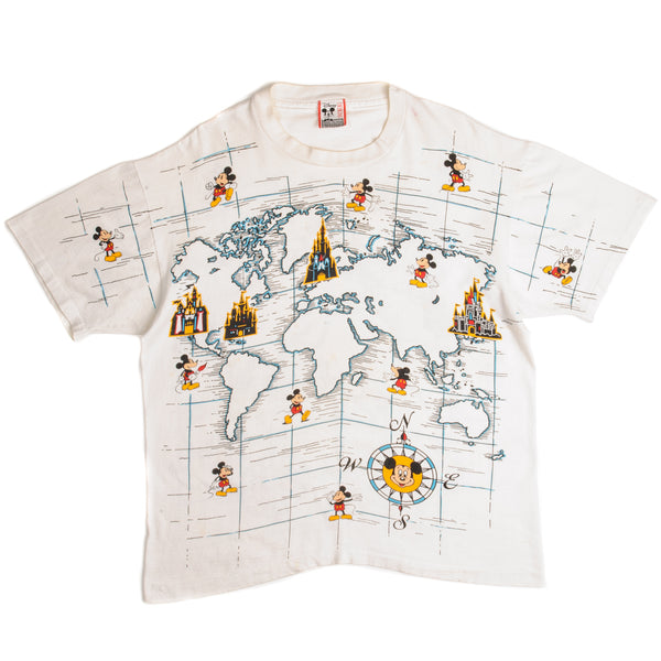 Vintage All Over Print Disneyland Around The World Tee Shirt 1990S Size XL Made In USA With Single Stitch Sleeves.