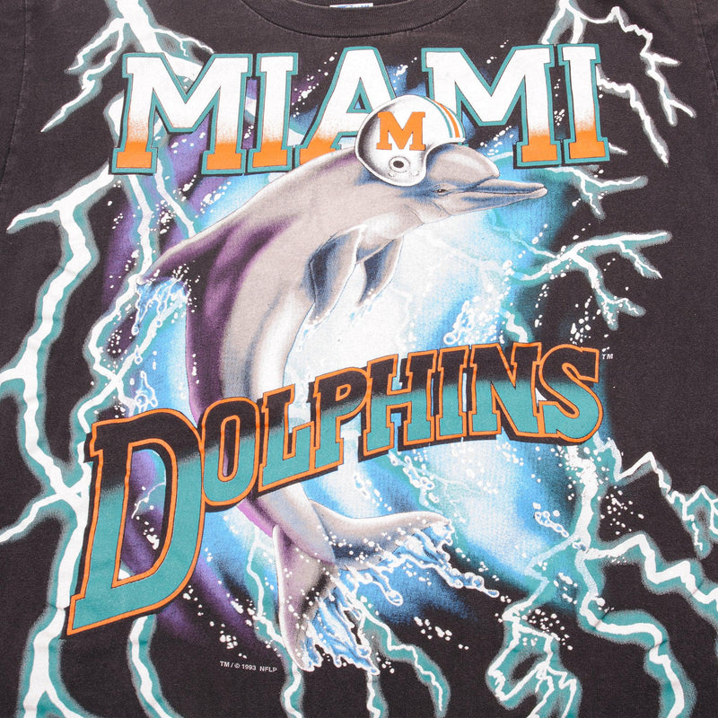 VINTAGE ALL OVER PRINT NFL MIAMI DOLPHINS THUNDER TEE SHIRT 1993 SIZE LARGE MADE IN USA.