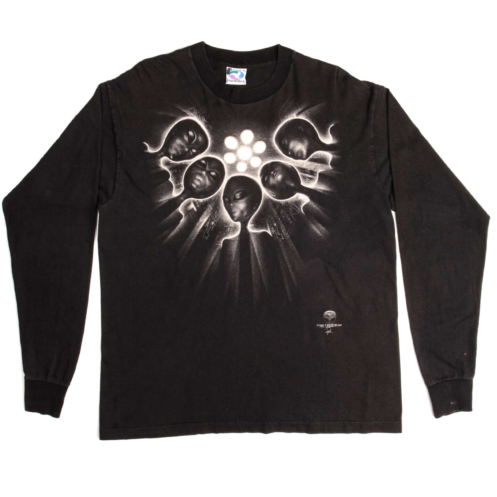 Vintage Liquid Blue Alien Long Sleeve Tee Shirt 1997 Size XL Made In USA.