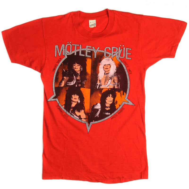 Vintage Motley Crue Shout At The Devil Tour 1983-84 Nikki Sixx, Vince Neil, Tommy Lee, Mick Mars Tee Shirt Size XSmall Made In USA With Single Stitch Sleeves.