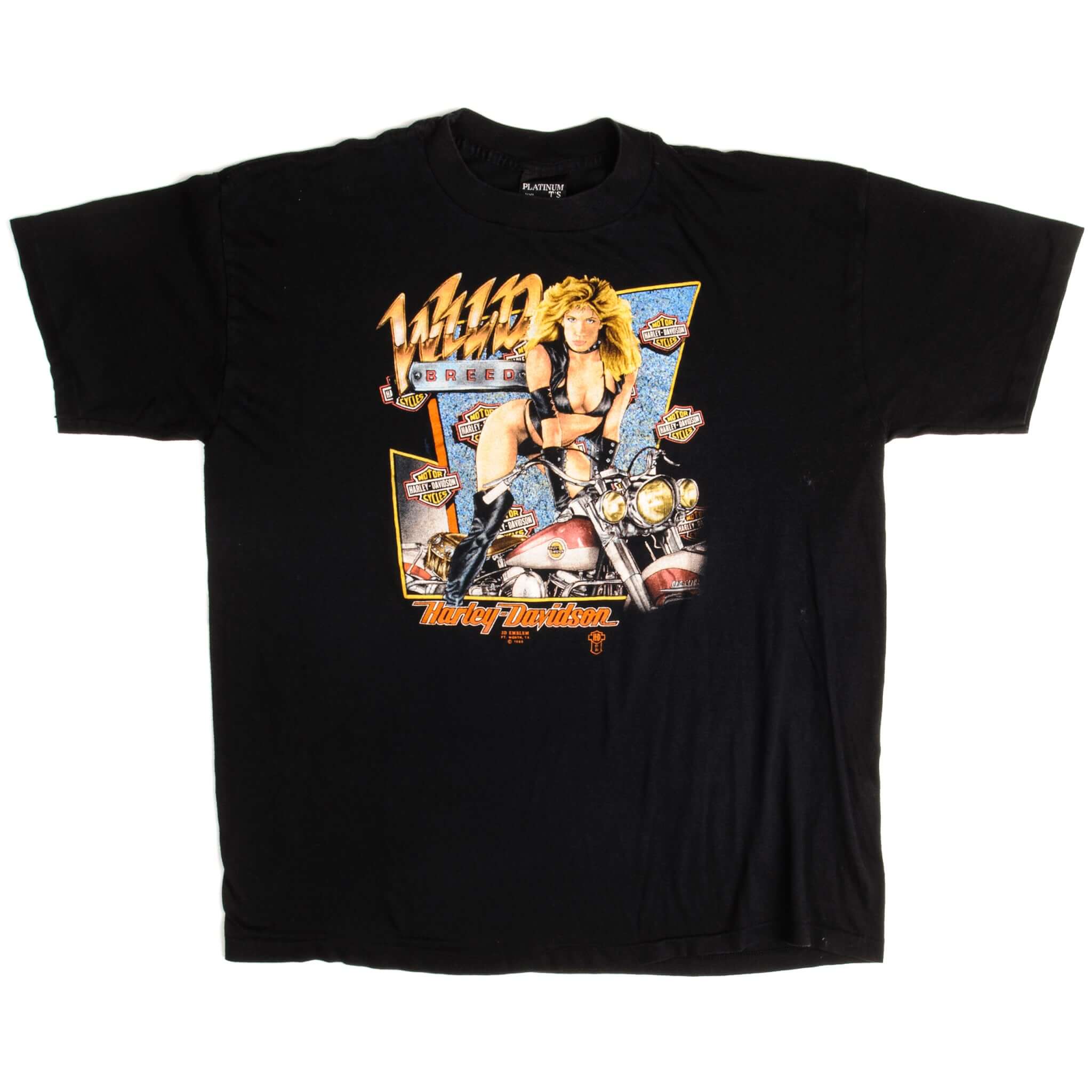 Vintage 3D Emblem Harley Davidson Wild Breed Platinum T's Tee Shirt 1988 Size XL Made In USA With Single Stitch Sleeves.