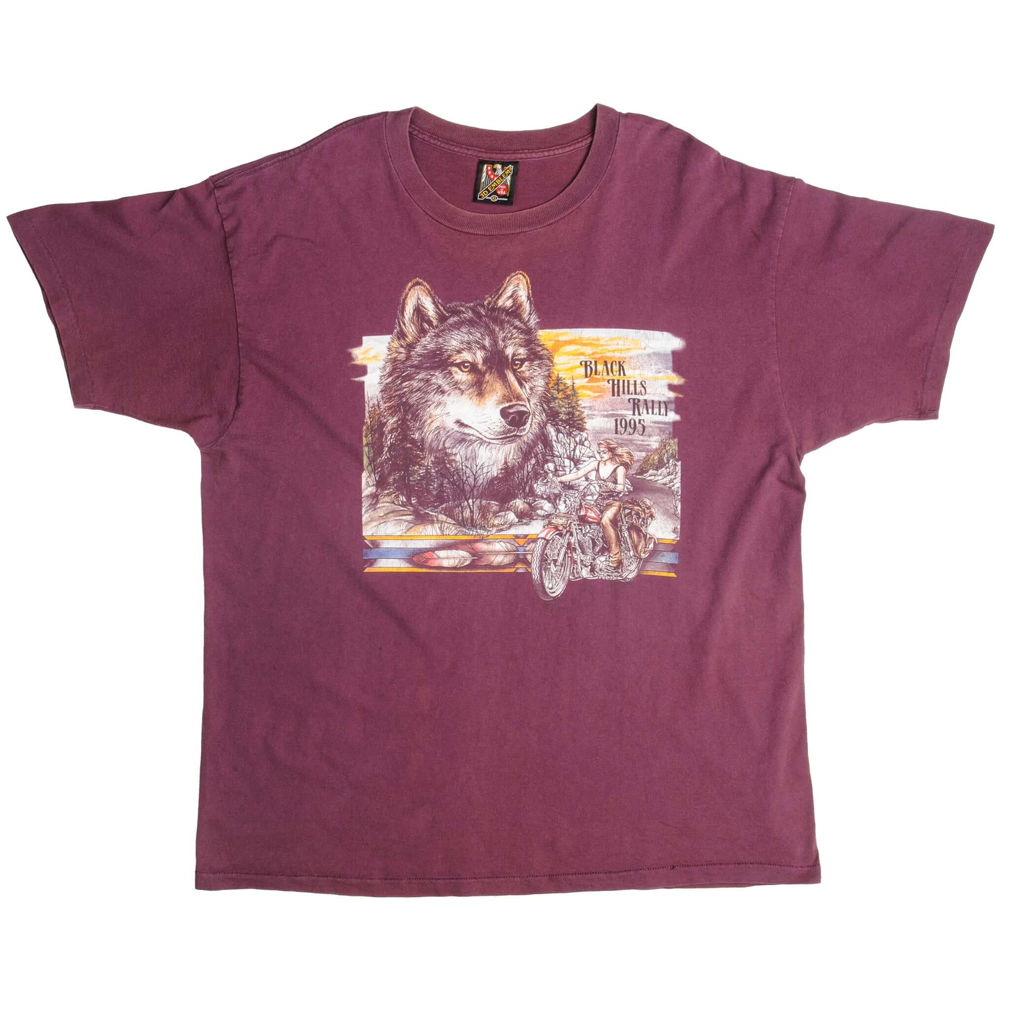 Vintage 3D Emblem Black Hills Rally Ride The Strip Roll The Bones American Biker Las Vegas Tee Shirt 1995 Size XL Made In USA With Single Stitch Sleeves.